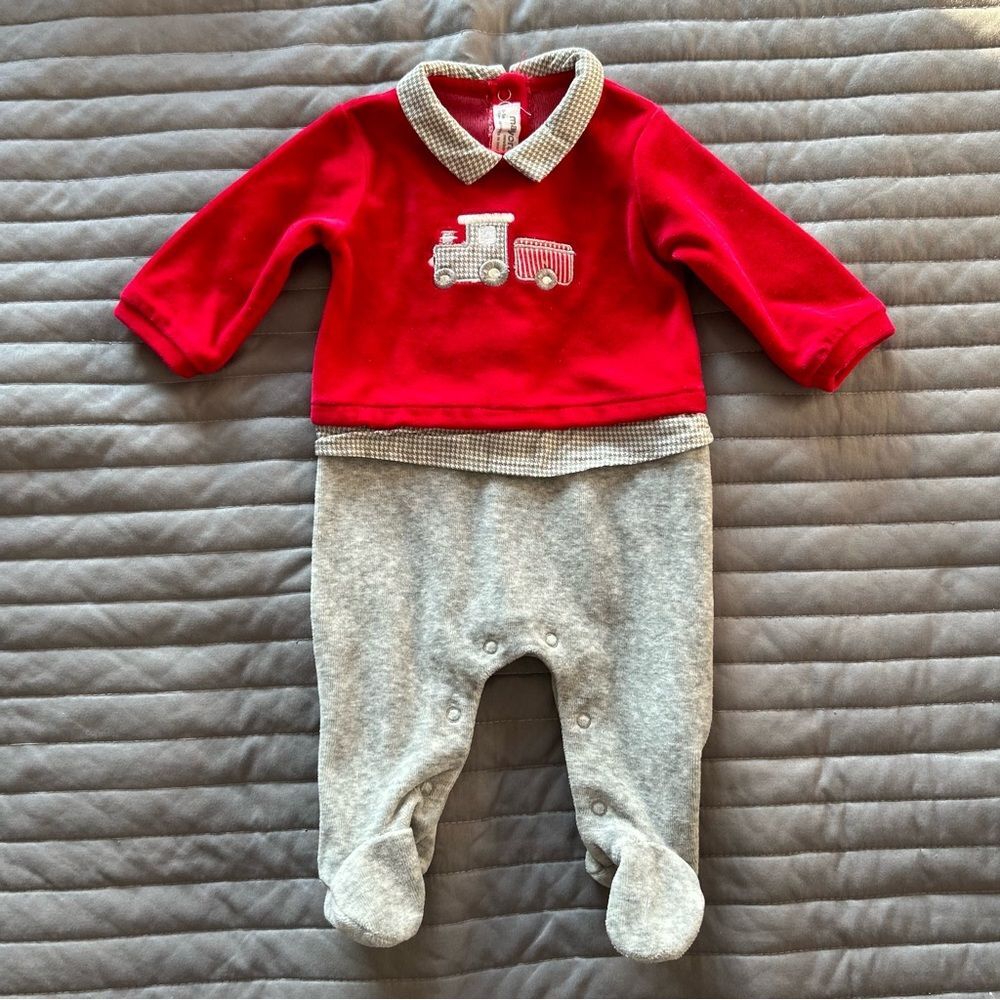 Mayoral Newborn Truck Velvet One Piece Footie with Collar Red Grey